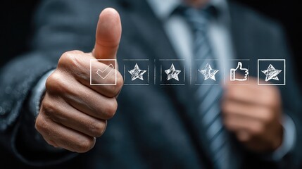 Businessman leaves positive digital feedback using checklist, star ratings, and thumbs-up icons, symbolizing service satisfaction and brand reputation enhancement online.