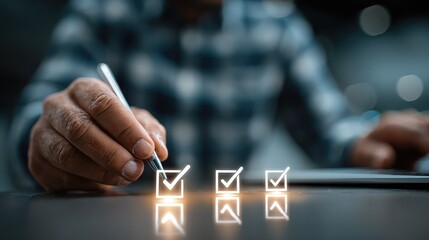 Businessman uses digital checklist app on laptop, symbolizing task organization, productivity enhancement, workflow planning, and structured data management.