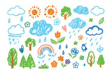 Vibrant Springtime Illustration: A charming array of hand-drawn elements evoking the spirit of springtime, featuring radiant sun, fluffy clouds, blossoming trees, colorful flowers.