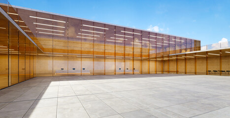 3d rendering modern building exterior with large glass facade reflecting blue sky