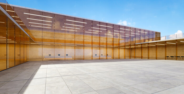 3d rendering modern building exterior with large glass facade reflecting blue sky