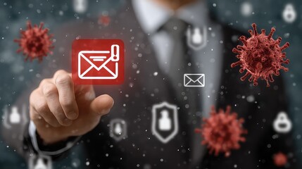 Businessman views mobile email with spam alert and virus protection icons, symbolizing digital security, safe browsing, and mobile internet threat defense.