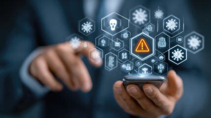 Businessman views mobile email with spam alert and virus protection icons, symbolizing digital security, safe browsing, and mobile internet threat defense.