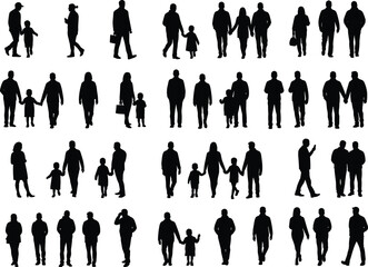 Diverse collection of detailed silhouetted people walking, including families, couples, and individuals, representing various demographics, interactions, and everyday urban or community life.