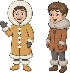 Cartoon boys wearing winter parkas with fur trim, two happy eskimo children, cold weather clothing, winter fashion vector illustration for kids.