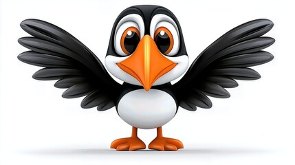 Adorable Cartoon Puffin with Outstretched Wings on White Background