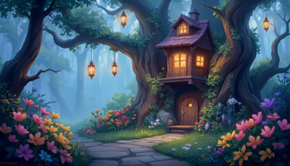 Fototapeta premium A whimsical digital painting depicts a charming cottage nestled within a giant tree's trunk in a mystical forest, illuminated by hanging lanterns. Flowers bloom along a stone path leading to its door