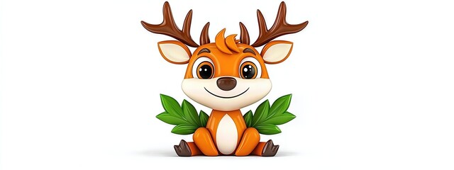 Adorable Orange Deer with Antlers and Green Leaves