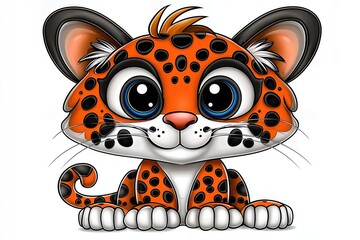 Adorable Orange and Black Cartoon Jaguar Cub with Big Blue Eyes
