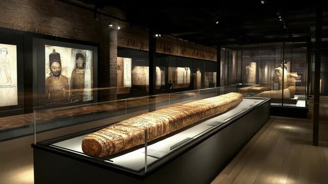 A showcase of ancient artifacts in a dimly lit museum setting.
