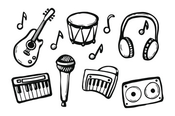 Musical Melody: A captivating collection of musical instruments. Featuring Guitar, Drum, Headphone, Keyboard, Microphone, Loudspeaker and Musical Note.
