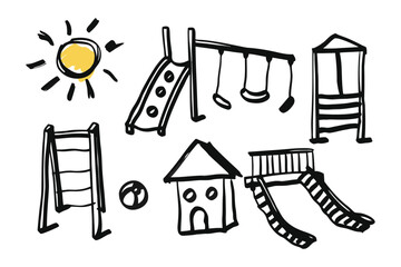 Playground Fun Sketch: A playful illustration of a playground, complete with slides, swings, and climbing frames, is outlined in a lively doodle. A whimsical sun smiles down from above.