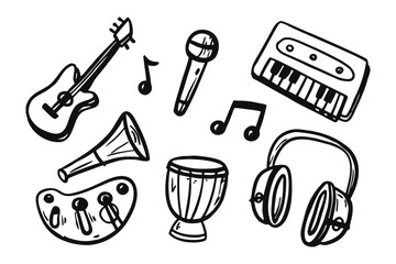 Melody's Palette: A collection of musical instruments, illustrated in monochromatic detail, evoking a symphony of artistic expression.