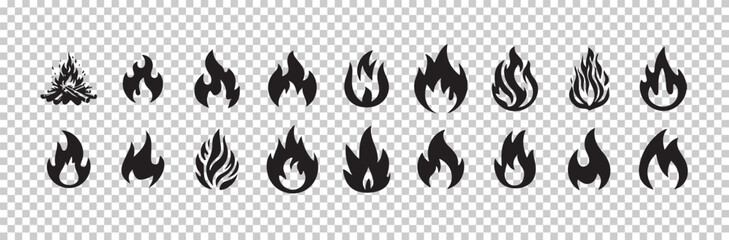 Fire icon collection. Fire flame symbol. Bonfire silhouette logotype,  Bonfire icons, flaming elements, vector illustration eps 10.