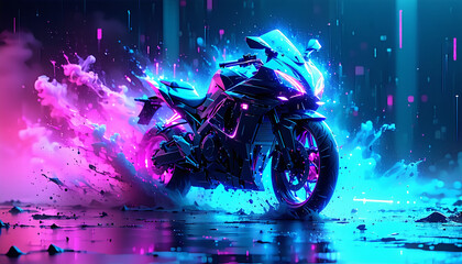Futuristic race motorcycle in colorful water effects, 4k, 5.3k