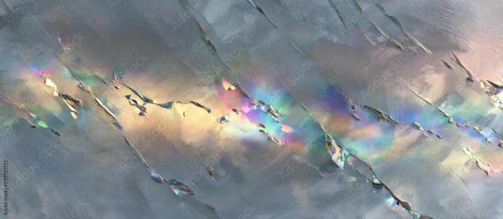 Fototapete Abstract iridescent light patterns on a textured gray background with sharp diagonal lines and shapes