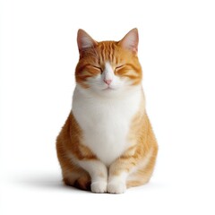 Obraz premium Adorable Ginger Cat Sitting with Closed Eyes on White Background, Perfectly Relaxed and Content