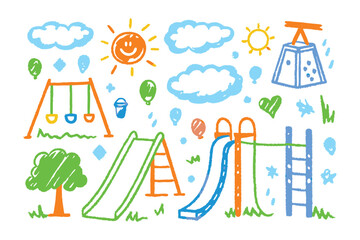 Playground Paradise: A whimsical illustrated of a playground scene, a child's dream world with colorful elements invites the imagination © Ajhar234