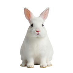 Obraz premium A cute white rabbit with pink ears and nose sits calmly facing forward. This adorable pet is perfect for themes related to animals, nature, easter, or springtime.