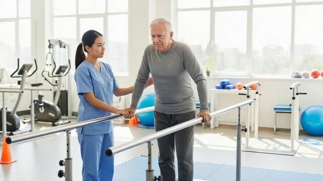 Elderly Man Undergoing Physical Therapy with Assistance in Rehabilitation Center