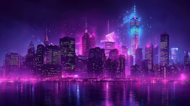 Neon Nightscape: A Vibrant Digital Painting of New York City
