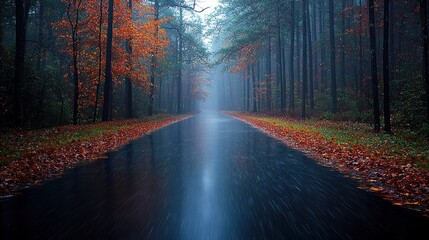 Obraz premium Autumnal Road in Misty Forest: A Serene Rainy Day