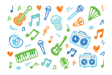 Music Notes and Instruments Illustration: A vibrant and whimsical illustration, featuring an array of musical instruments such as guitars, microphones, and accordions.