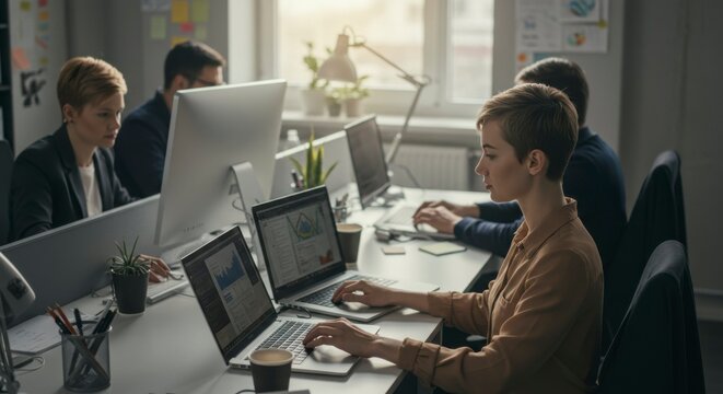 Coworkers focused on computers in a bright office space