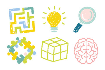 Brainstorm of Creative Concept: Illustrated icons depicting concepts of innovative thinking, problem-solving, and creative inspiration.