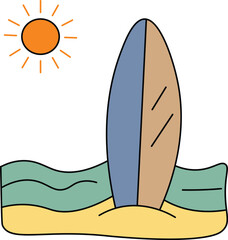 Surfboard on Beach with Sun Vector