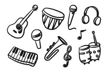 Musical Instruments: A collection of musical instruments in a sketched illustration, showcasing a guitar, drums, microphone, headphone, trumpet and keyboard 