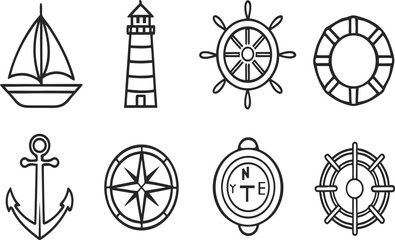 Nautical Icons Sailboat Lighthouse Ship Wheel Lifebuoy Anchor Compass maritime sailing