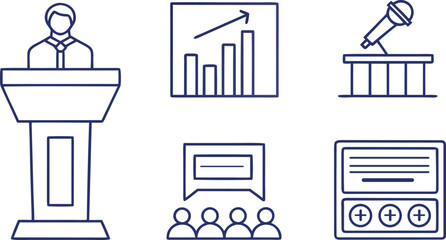 Presentation icons speaker graph microphone audience and screen podium statistics