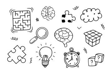 Brain Teaser Sketches: A collection of hand-drawn sketches of intellectual puzzles and symbols. This monochrome illustration embodies problem-solving, ideas, and cognitive exploration.
