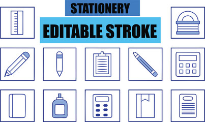 Stationery icons pencil ruler calculator notepad pen glue vector