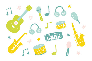 Musical Instruments: A colorful and artistic collection of musical instruments, evoking the vibrant essence of melodies and harmonies