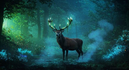 Majestic deer with glowing antlers in a mystical forest