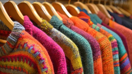 A vibrant collection of hand-knitted sweaters hangs on wooden hangers in a warm shop. The rich colors reflect the essence of autumn, inviting shoppers to experience comfort.