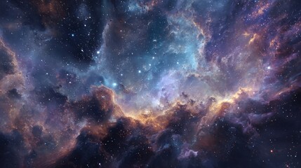 Obraz premium This stunning cosmic nebula showcases a blend of vibrant colors and swirling gases against the backdrop of deep space. Stars twinkle in the distance, illuminating the celestial landscape.