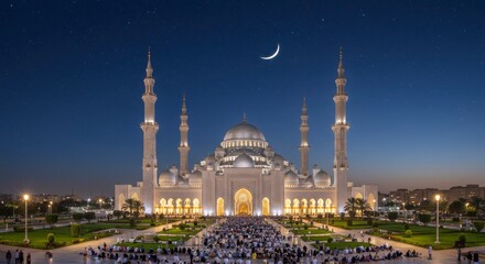 Obraz premium Grand mosque at night, with crescent moon, illuminated by lamps and stars. People praying in the courtyard
