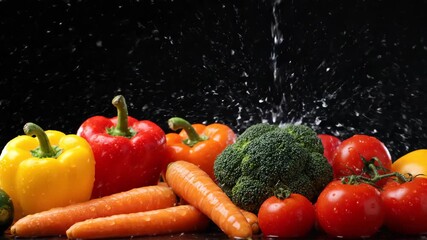 Fresh Mixed Vegetables with Splashing Water on Black Background
 - Powered by Adobe