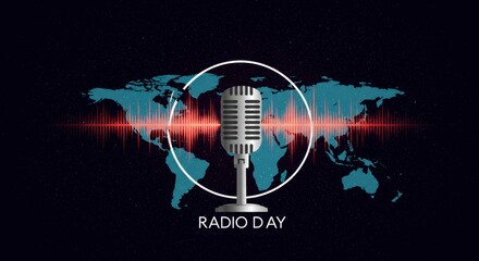 Global radio celebration with vintage microphone and world map