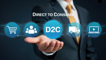 Businessman presents Direct to Consume D2C business icons