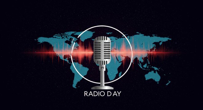 Global radio celebration with vintage microphone and world map