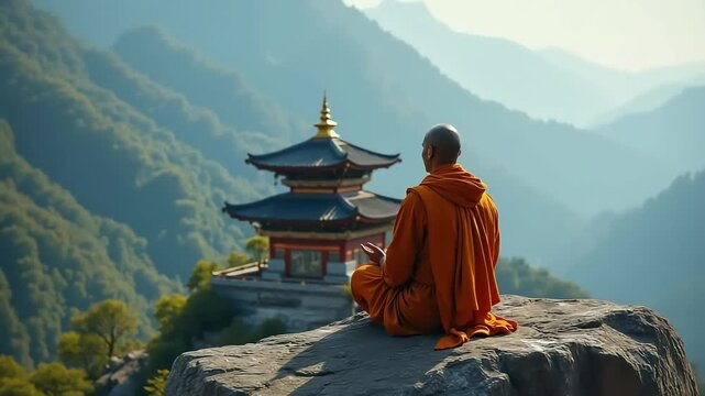 A Buddhist monk in an orange robe sits cross-legged on a mountain opposite a mountain temple at dawn. The concept of spiritual harmony and Zen