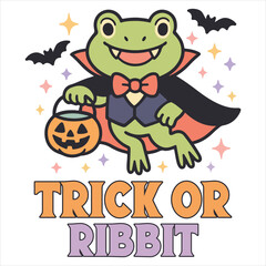 Trick Or Ribbit - Funny Halloween Frog T-shirt Vector, Spooky Kawaii Frog Shirt Design, Spooky Season Tee Design, Kawaii Halloween Animal Clipart, Halloween Ghost Cartoon Frog Illustration