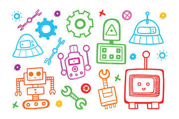 Colorful Robot Icons: A whimsical collection of playful, hand-drawn robot icons, perfect for adding a touch of creativity and tech-inspired charm to any project or design. 