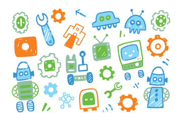 Whimsical Robotics: A collection of cute, hand-drawn robots, gears, and tools come together in a vibrant, cheerful illustration that sparks the imagination.