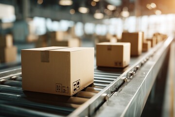 Cardboard boxes on a conveyor belt inside a warehouse or distribution center.