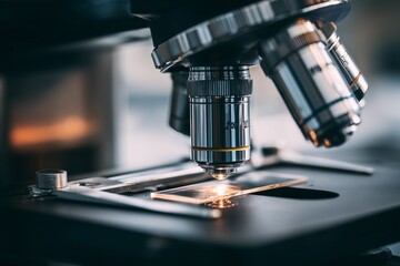 Microscope lens focusing on a glass slide in a laboratory.